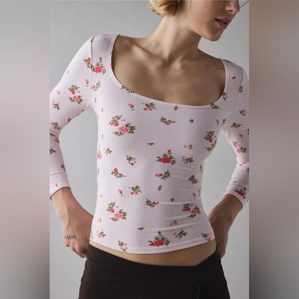 🪷NWT Urban Outfitters BDG Andie 3/4 Sleeve Square Neck Cropped In Rose, L 🌙